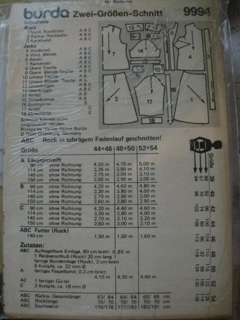 BURDA 9994 SCHNITTMUSTER - Rock & Jacke - Gr. 48 + 50 EUR 4,60 ...