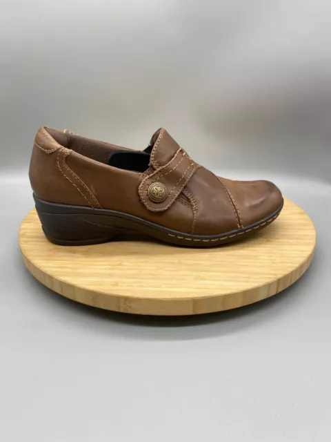 Earth Origins Shoes Womens 9.5 M Brown Leather Grace Loafer Wedge Heels Slip On