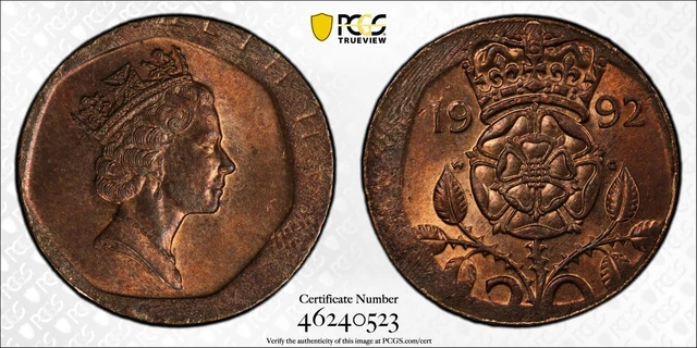 Great Britain Uk England 1992 Gem Error 20 Pence Struck On Copper Flan Pcgs Ms64