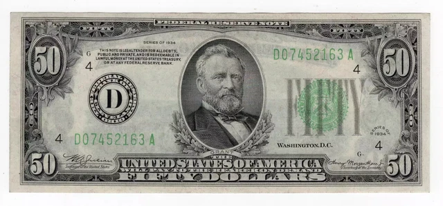 Series 1934 Dark Green Seal $50 Cleveland, OH Federal Reserve Note Very Nice