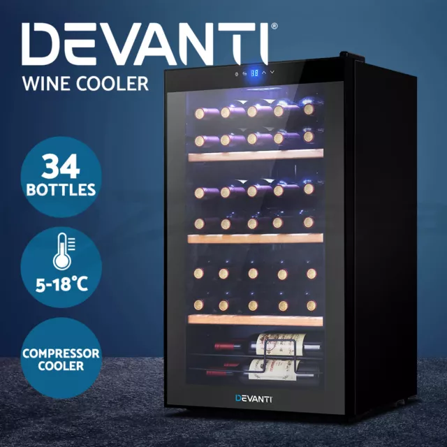 Devanti Wine Cooler Fridge Compressor Cellar Chiller Home 34 Bottles Black