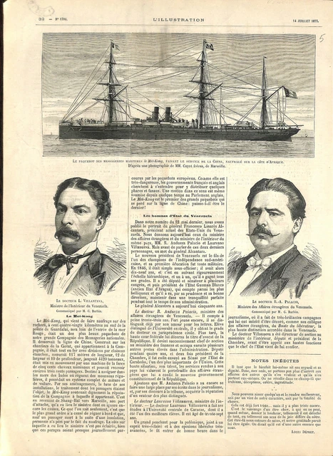 Paquebot des messageries maritime Le Meï-Kong service de la Chine GRAVURE 1877