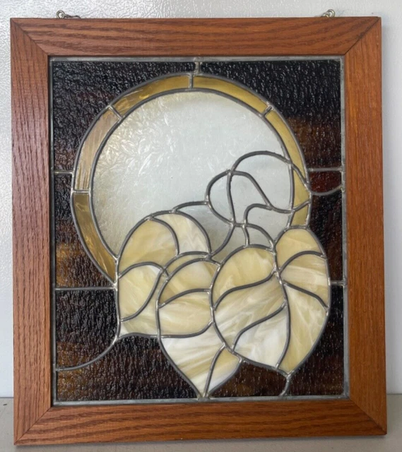 Beautiful Vintage Stained Glass Window Framed Hanging 20”Tx18”W Yellow Leaf