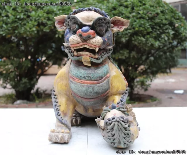 China Folk Old Porcelain WuCai pottery Feng Shui Guardian Fu Foo Dog Lion Statue