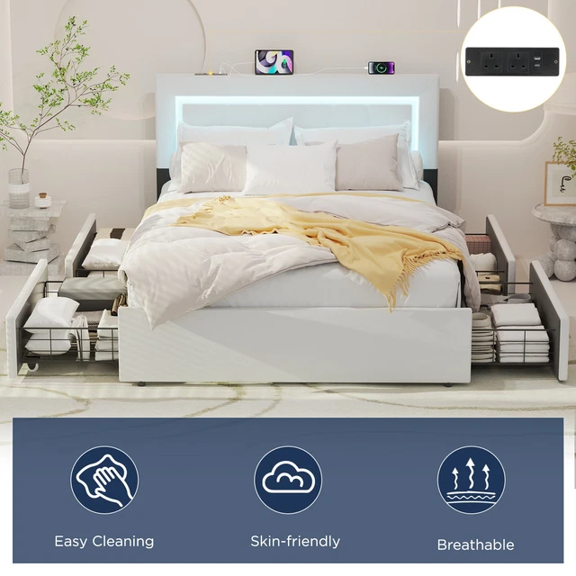 4FT6 4 DRAWERS STORAGE BED FRAME WITH USB PORT & LED LIGHT,UK DOUBLE ...