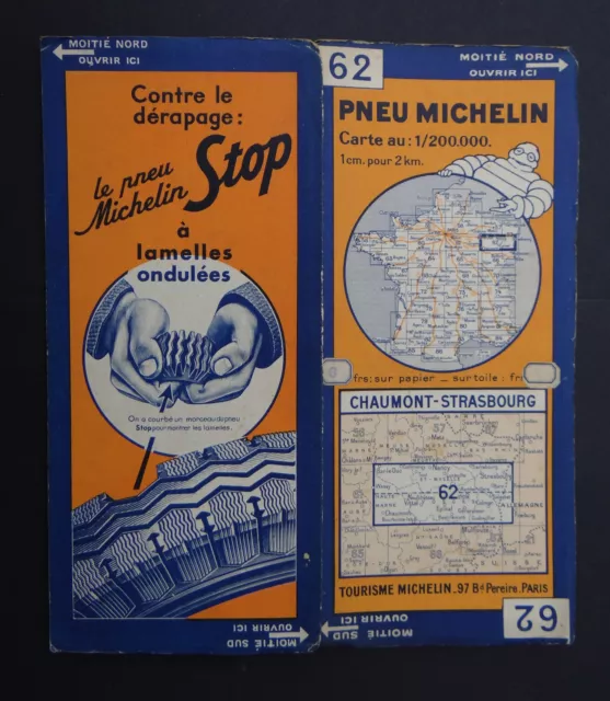 Carte MICHELIN n°62 old map CHAUMONT STRASBOURG 1934 Bibendum pneu tyre