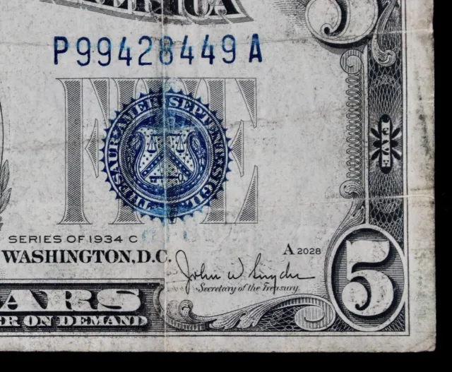 Tough $5 1934C NARROW fp2028 blue seal Silver Certificate P99428449A series C