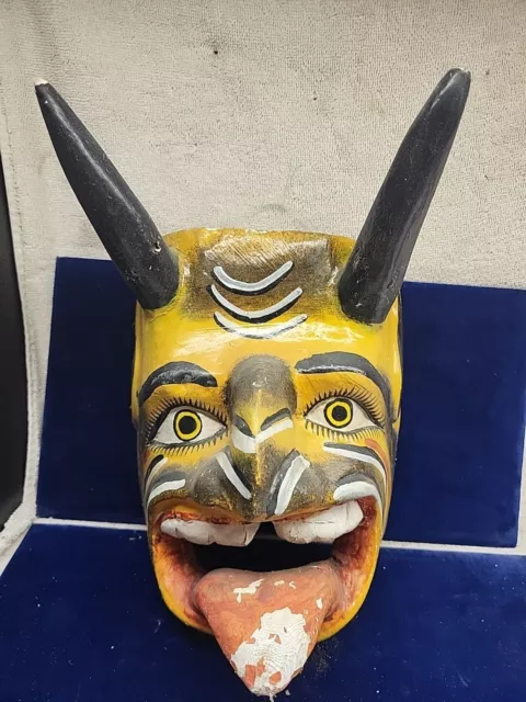 Mexican Carved wooden Devil Mask Folk Art Diablo Horns Antique Vintage Guerrero