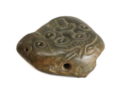 Pre Columbian Polished Jade Stone Maskette, Mayan pectoral ornament, Two Faces. 3