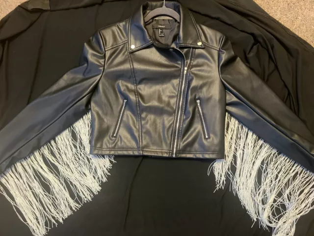 NWOT Unique Sexy Silver Fringed Black Faux Leather Biker Moto Jacket Sz Large