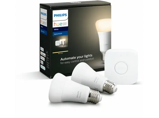 Kit de iluminación - Philips Hue, 2 bombillas, LED, Puente, Luz blanca cálida