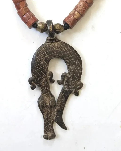 African Necklace Jewelry Bronze Amulet Snake Motif  Bauxite Beads Charm Pendant