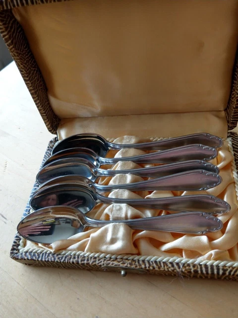 🔥6 x Löffel Mokka Mokkalöffel DDR Besteck ABS klassisches Muster 11 cm in Box🔥
