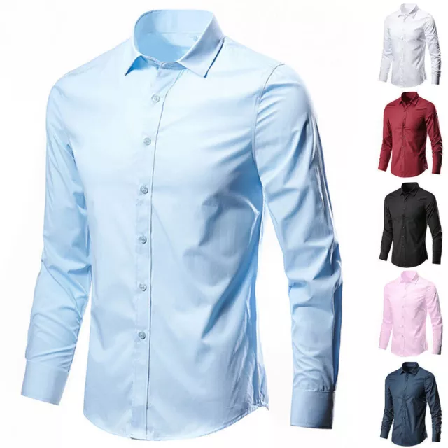 Mens Wrinkle-free Formal Dress Long Sleeve Shirt Business Casual Button Up Tops 2