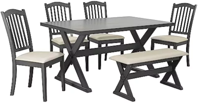 6-Pcs Solid Wood Dining Set, Rectangular Trestle Table and 4 Upholstered Chairs 2