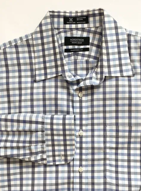 Nordstrom Dress Shirt 16.5 34/35 Blue Navy White Check Button Up Traditional Fit