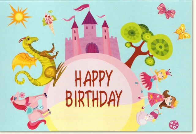 GEBURTSTAGSKARTE FÜR KINDER Happy Birthday Drache Pferd Schloss EUR 2