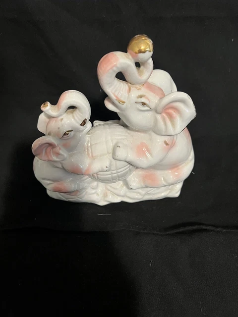 Vintage Kitschy Ceramic Elephants On A Circus Ball Gold & Pink Trim No Chips
