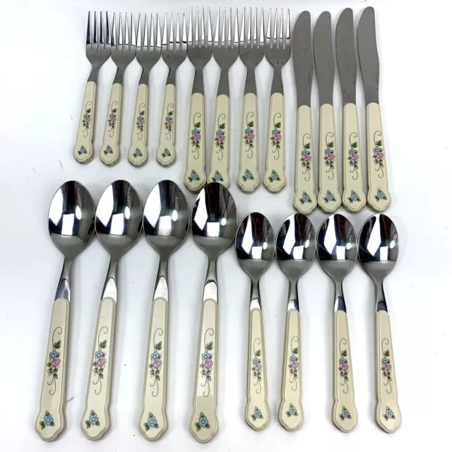 Service for 4 Pfaltzgraff Tea Rose 20 Piece Stainless Flatware Set