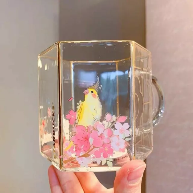 2022 New China Starbucks Sakura Season Window Bird Hanami 14oz 6-sided Glass Mug