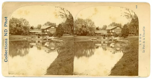 Stereo, France, Lyon, Le parc de la Tête d&#039;Or, le lac, circa 1870 Vintage s