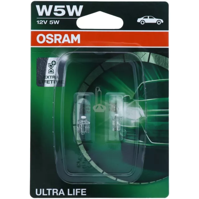 2 x Osram Ultra Life W5W 501 Car Sidelight Light Bulb 12v 5w Capless Push Fit