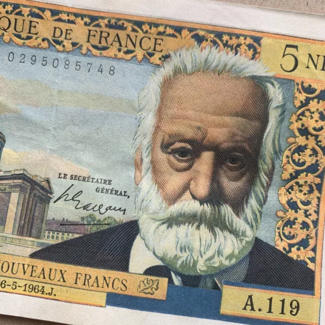 Victor Hugo France 5 Nouveaux Francs 1964 RARE BANKNOTE Currency Paper Money