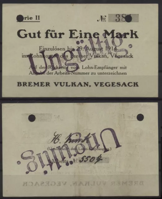 [27308] - NOTGELD VEGESACK, Bremer Vulkan, 1 Mark, Serie II, -29.08.1914, Dießne