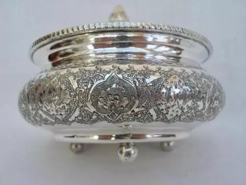 Superb Persian Antique Hand Chased Solid Silver .840 Potpourri Bowl By Biryayi.