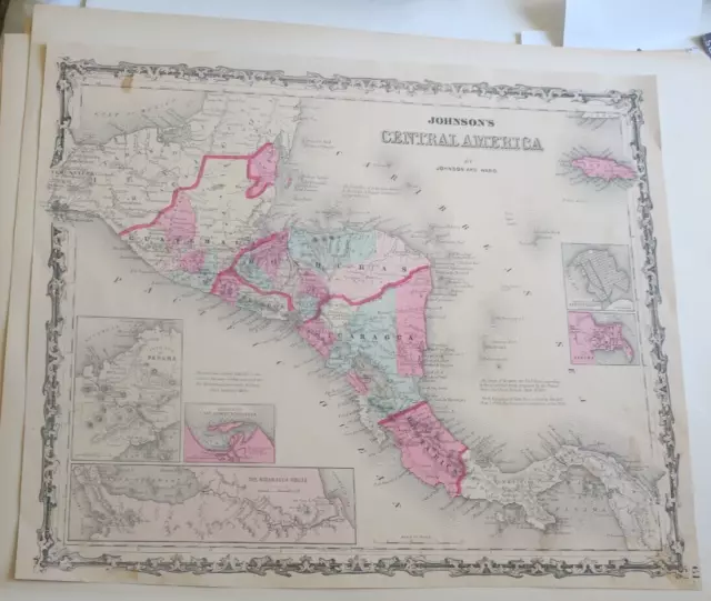 ORIGINAL Johnsons c. 1861 HAND-COLORED Atlas Map, CENTRAL AMERICA, & INSET MAPS
