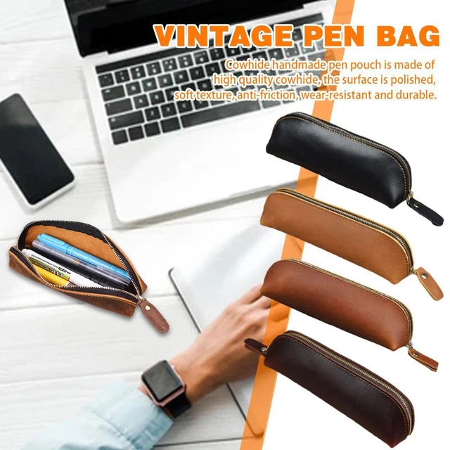 Handmade Genuine Leather Zipper Vintage Pen Bag Pencil Cosmetic Case Brush Y6N1