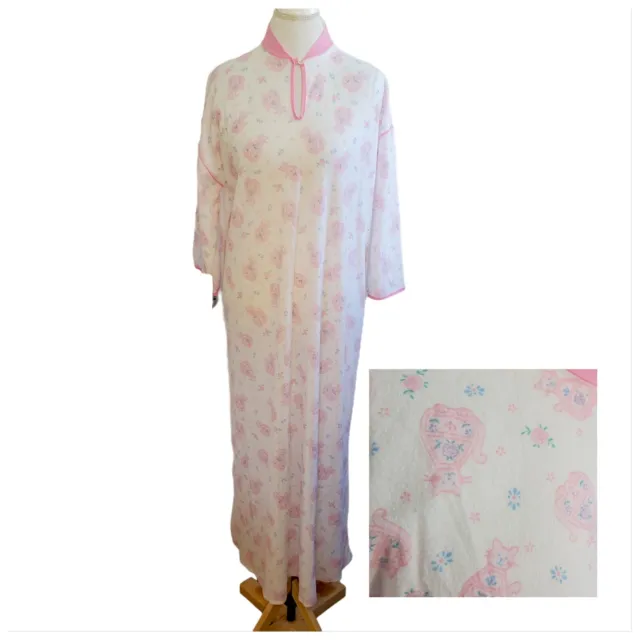 VINTAGE 80S WOMENS S/M Cat Lover Long Nightgown White Pink Novelty ...
