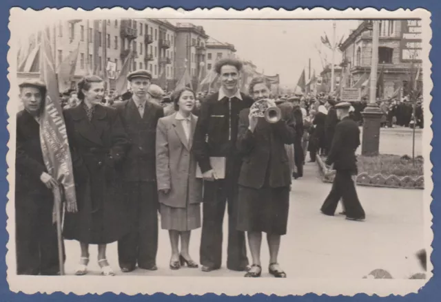 Beautiful Guys and Girls on Parade, Girl Plays Trumpet Soviet Vintage Photo USSR