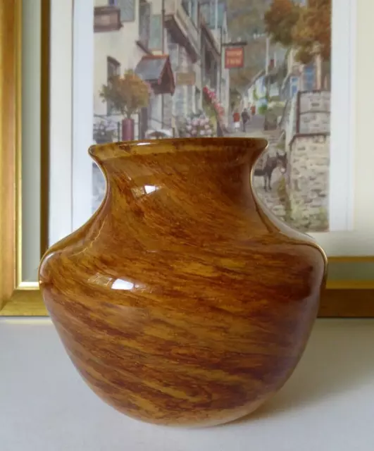 Vintage Studio Art Glass Squat Vase In Amber Spatter