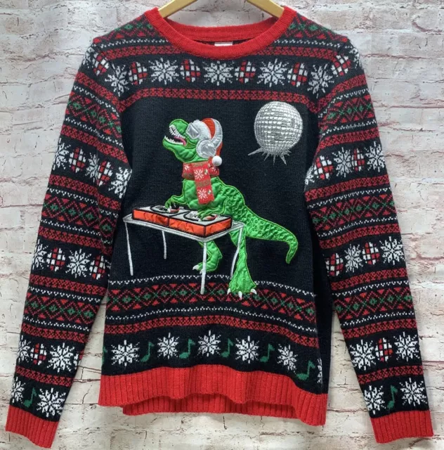 DJ Santa T- Rex Boys Ugly Christmas Sweater Black Red Green Size XXL ( 18 )