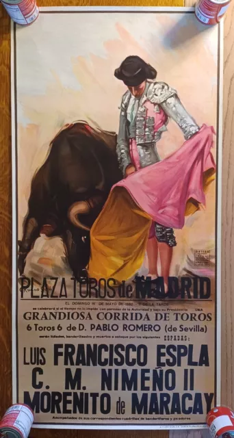 1982 Madrid Bullfight Poster by Ruano Llopis Vintage Rolled 41 x 21 inches