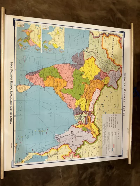 Vintage Pull-Down Denoyer-Geppert Map India, Burma, Bangladesh, And Sri Lanka