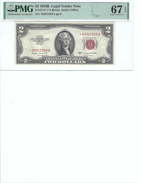1953 $2 Legal Tender FR1511* PMG 67 Superb Gem UNC EPQ, Red Seal Star Note!!!