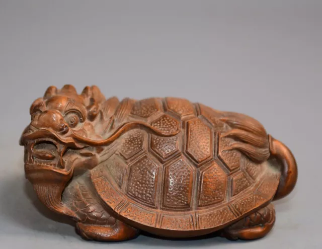 Chinese Antiques Boxwood Carved Dragon Turtle Statue Collection Lucky Gift Art