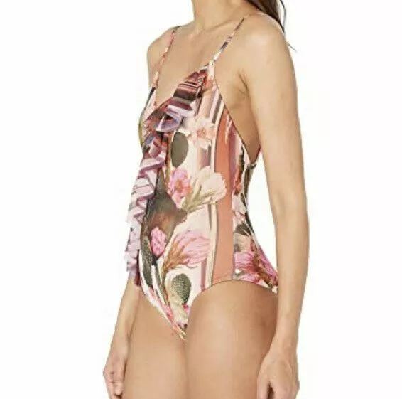 NWT FUZZI Womens Front Ruffle Cactus Print Swimsuit Pink Lima Size 40 3