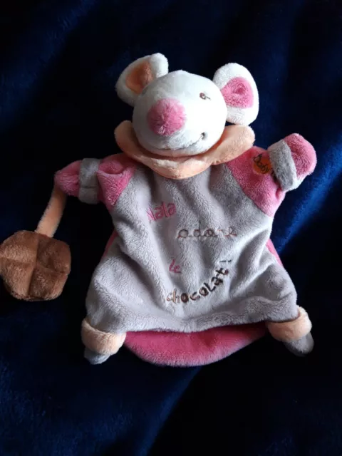 🐭Doudou Plat Marionnette Baby Nat Souris Grise Rose Nala Adore Le Chocolat Tbe 3