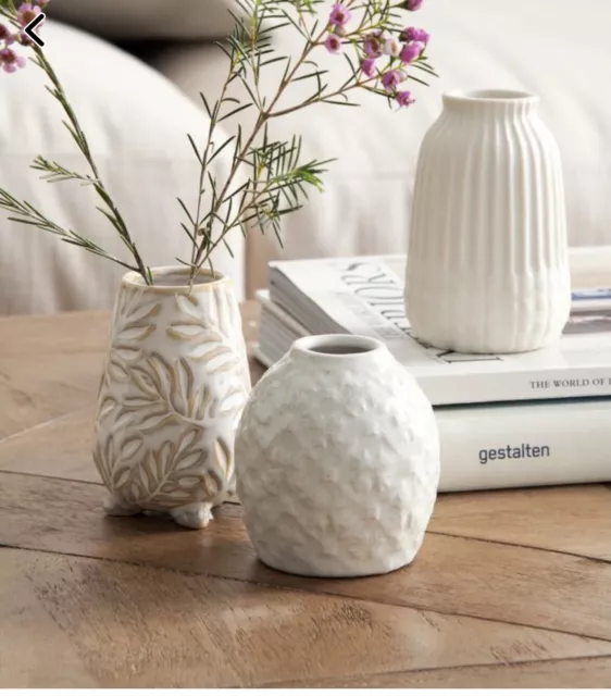 Next Natural Botanical Embossed Set of 3 Mini Ceramic Vase, Home Office Decor