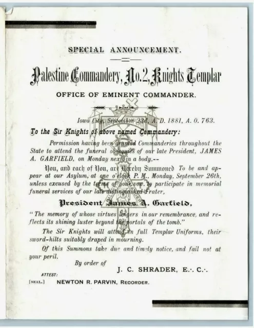 Sept 23, 1881 President James A Garfield Funeral Invitation Notice Templar &A