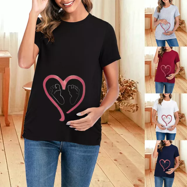 Pregnant Maternity Women Print Short Sleeve T-Shirt Solid Nursing Blouse Top Tee