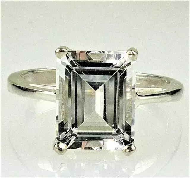 Natural White Topaz Very Large Emerald Cut Solitaire Ring 925 Sterling Silver