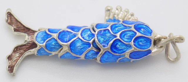 Vintage Italian Handmade Genuine Silver Articulated Blue Fish Pendant Miniature