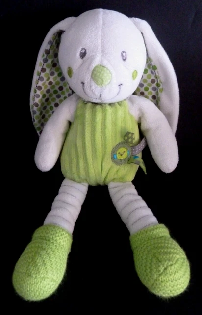 M9. DOUDOU PELUCHE NICOTOY LAPIN VERT BLANC OISEAU POIS 29cm - TBE