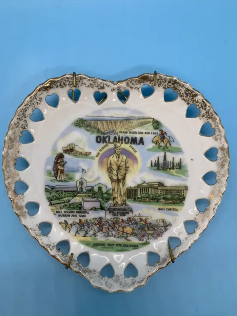 Oklahoma Souvenir Plate Will Rogers Land Run Heart Shaped W/ Wall Hanger