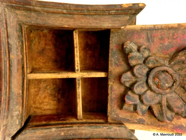 Tibetan Box Ritual Carved & Painted Wooden Spice Rare 19th Century #