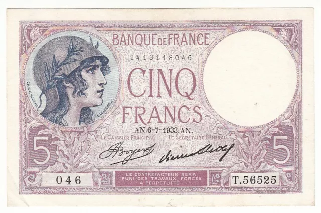 5 FRANCS VIOLET 06-07-1933  SPL  Fayette 3.17 (FR1) 5F112